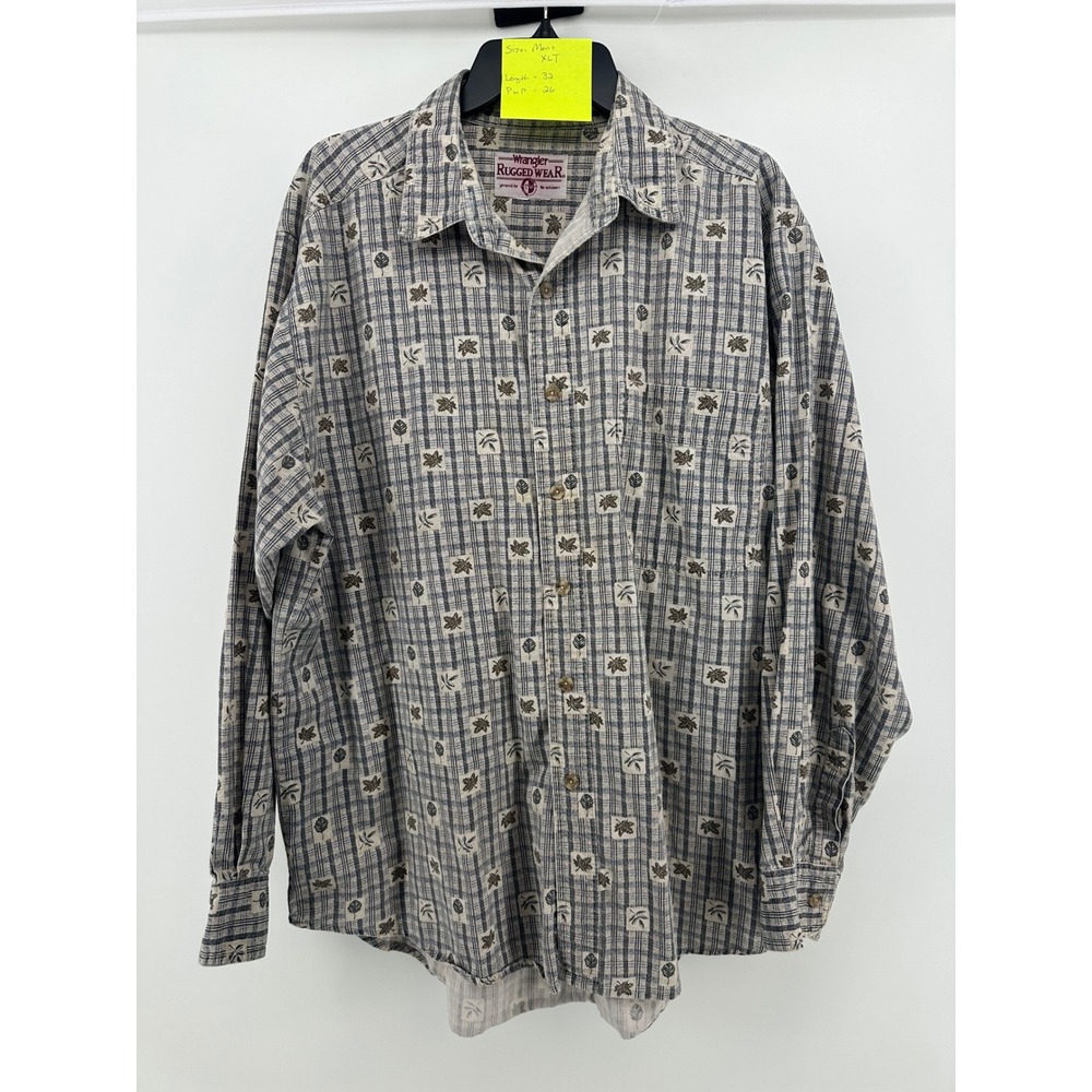 Wrangler Rugged Wear Mens XLT Gray Plaid Leaf Print Long Sleeve Button Shirt